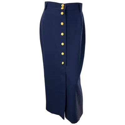 Pre-owned Mondi 1990s  Navy Blue Gold Buttons Size 38 Vintage 90s Wool Midi Skirt
