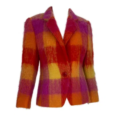 Pre-owned Mondi Mohair Angora Chashmere Plaid Jacket Hot Pink Orange Yellow 34