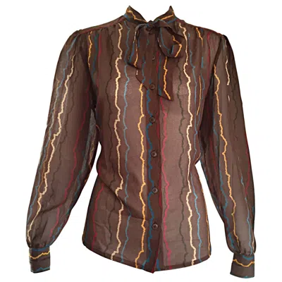 Pre-owned Mondi Vintage  1980s Taupe Semi Sheer ' Sgwiggle ' Pussycat Bow 80s Silk Blouse In Brown