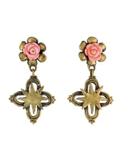 Pre-owned Mondo Mondo Enamel Rose Cross Drop Earrings In Pink