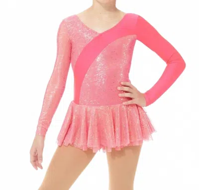 Mondor Kids' Shimmer Asymmetrical Long Sleeve Skate Dress In Pink Goji In Red