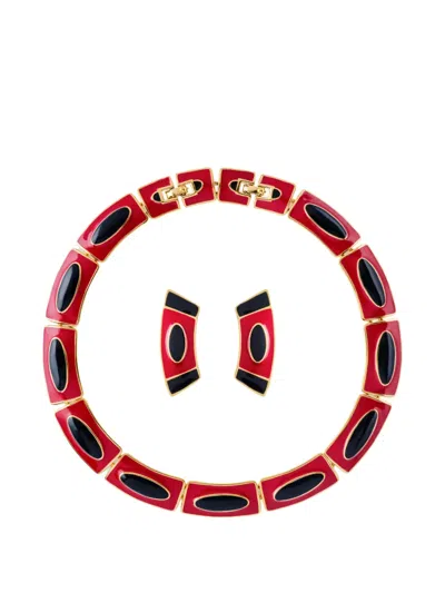 Pre-owned Monet 1980s Geometric Earring And Necklace Set In Red
