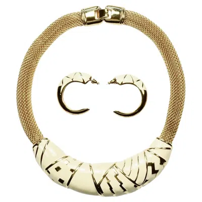 Pre-owned Monet Gold Plated Mesh And Cream Enamel Necklace And Earrings Set Circa 1980s In White