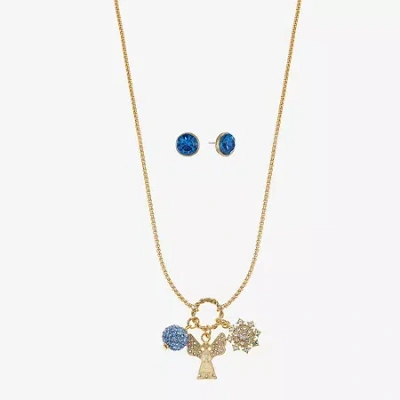 Monet Jewelry Gold Tone Charm Necklace & Stud Earring Womens Blue Glass Angel Snowflake 2-pc. Jewelry Set