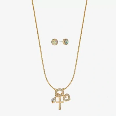 Monet Jewelry Gold Tone Charm Necklace & Stud Earring Womens Glass Cross Heart 2-pc. Jewelry Set In White