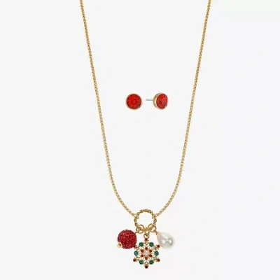 Monet Jewelry Gold Tone Christmas Charm Necklace & Stud Earring Womens Red Glass 2-pc. Jewelry Set