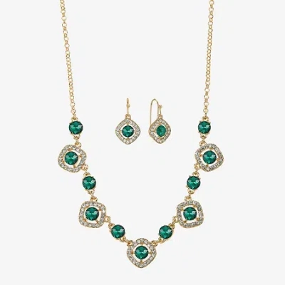 Monet Jewelry Gold Tone Collar Frontal Necklace & Drop Earring Womens Glass Cushion 2-pc. Jewelry Set In Green
