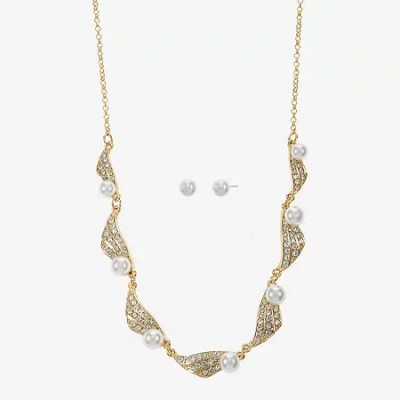 Monet Jewelry Gold Tone Collar Frontal Twist Necklace & Drop Earring Womens Glass Simulated Pearl Round 2-pc. Jewe In White