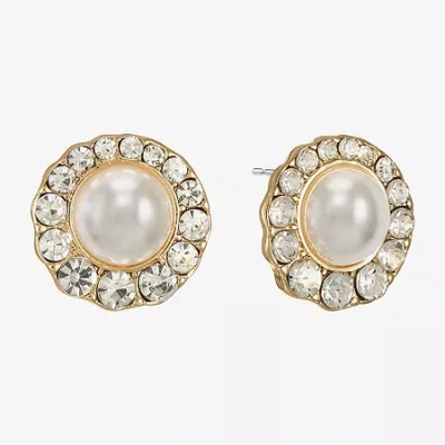Monet Jewelry Gold Tone Halo Glass Simulated Pearl 10mm Round Stud Earrings In White