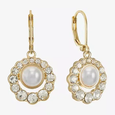 Monet Jewelry Gold Tone Halo Womens Glass Simulated Pearl Round Drop Earrings In White