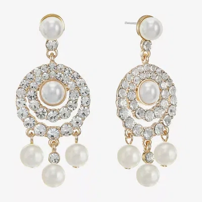Monet Jewelry Gold Tone Halo Womens Glass Simulated Pearl Round Hypoallergenic Chandelier Earrings In White