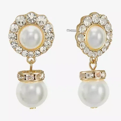 Monet Jewelry Gold Tone Halo Womens Glass Simulated Pearl Round Hypoallergenic Drop Earrings In White