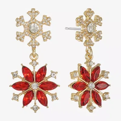 Monet Jewelry Gold Tone Holiday Womens Red Glass Flower Snowflake Hypoallergenic Drop Earrings