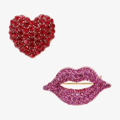 Monet Jewelry Gold Tone Lips Kiss Pink Glass Pin In Red