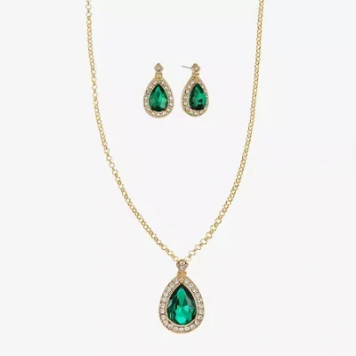 Monet Jewelry Gold Tone Pendant Necklace & Stud Earring Womens Green Glass 2-pc. Jewelry Set