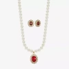 Monet Jewelry Gold Tone Pendant Necklace & Stud Earring Womens Red Glass Simulated Pearl Oval 2-pc. Jewelry Set In Silver