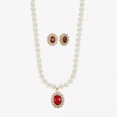 Monet Jewelry Gold Tone Pendant Necklace & Stud Earring Womens Red Glass Simulated Pearl Oval 2-pc. Jewelry Set
