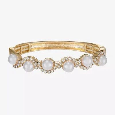 Monet Jewelry Gold Tone Scallop Womens Glass Simulated Pearl Round Stretch Bracelet In White