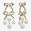 Monet Jewelry Gold Tone Womens Glass Simulated Pearl Bow Hypoallergenic Chandelier Earrings In White
