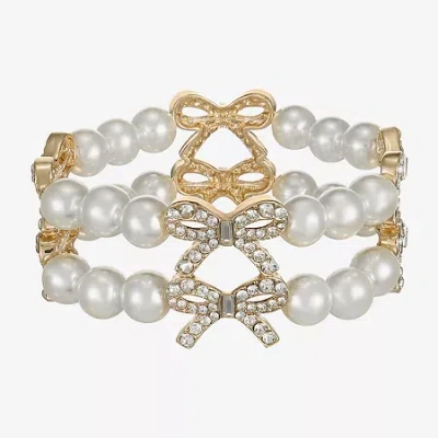 Monet Jewelry Gold Tone Womens Glass Simulated Pearl Bow Stretch Bracelet In White