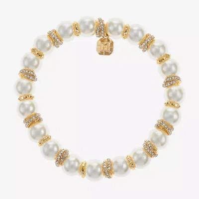 Monet Jewelry Gold Tone Womens Glass Simulated Pearl Knot Stretch Bracelet In White