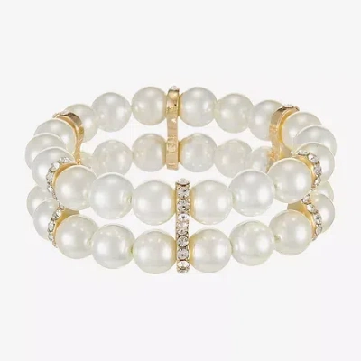 Monet Jewelry Gold Tone Womens Glass Simulated Pearl Round Stretch Bracelet In White