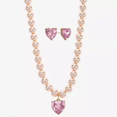Monet Jewelry Gold Tone Womens Pink Glass Simulated Pearl Heart 2-pc. Jewelry Set