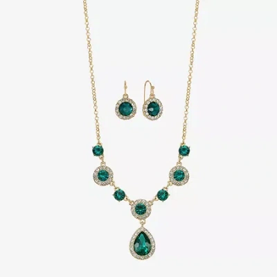 Monet Jewelry Gold Tone Y Necklace & Drop Earring Womens Glass Round 2-pc. Jewelry Set In Green