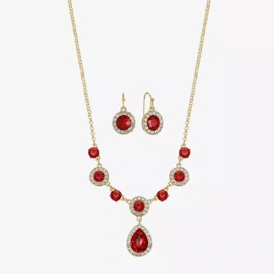 Monet Jewelry Gold Tone Y Necklace & Drop Earring Womens Glass Round 2-pc. Jewelry Set In Red