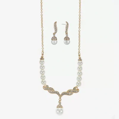 Monet Jewelry Monet Simulated Pearl And Crystal Gold-tone Drop Earring And Necklace Set In White