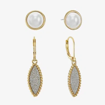 Monet Jewelry Stud And Drop Womens Simulated Pearl 2 Pair Earring Set In Gold