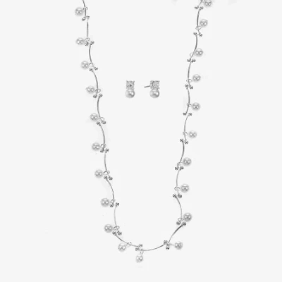 Monet Jewelry Timeless Collar Necklace And Stud Earring Womens Simulated Pearl 2-pc. Jewelry Set In Silver