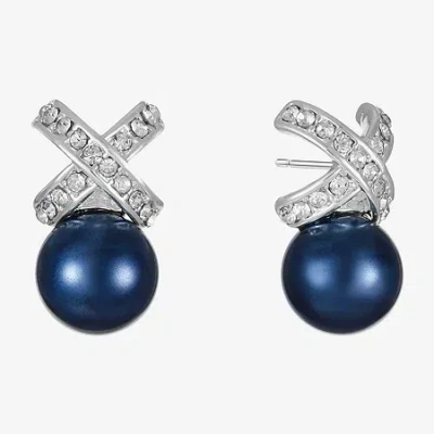 Monet Jewelry Timeless Silver Tone & Navy Glass Simulated Pearl 19.2mm Knot Stud Earrings In Blue