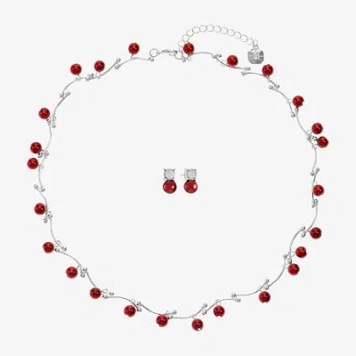 Monet Jewelry Timeless Silver Tone & Red Collar Necklace & Stud Earring Womens Glass Simulated Pearl Round 2-pc. J
