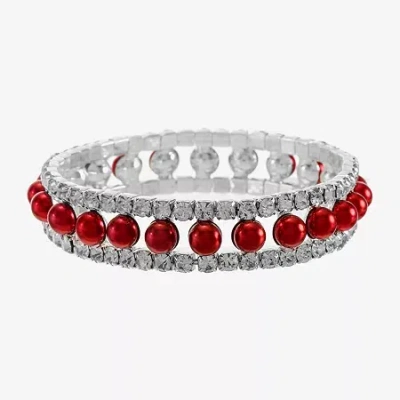 Monet Jewelry Timeless Silver Tone & Red Womens Glass Simulated Pearl Round Stretch Bracelet