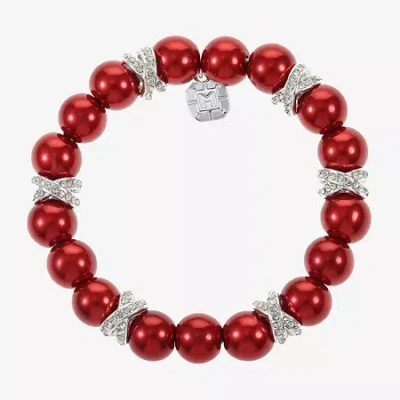 Monet Jewelry Timeless Silver Tone & Red Womens Glass Simulated Pearl Round Stretch Bracelet