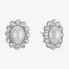 Monet Jewelry Timeless Silver Tone Halo Glass Simulated Pearl 17mm Oval Stud Earrings In Metallic