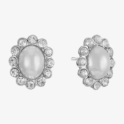Monet Jewelry Timeless Silver Tone Halo Glass Simulated Pearl 17mm Oval Stud Earrings In Metallic