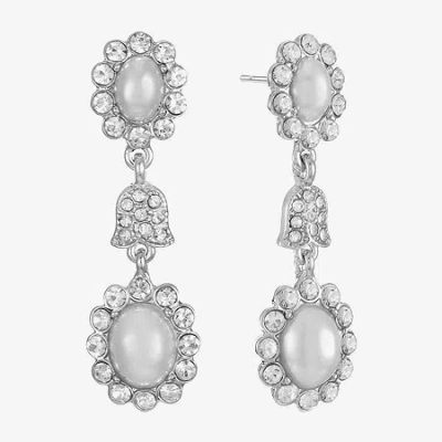 Monet Jewelry Timeless Silver Tone Halo Womens Glass Simulated Pearl Oval Hypoallergenic Drop Earrings In White