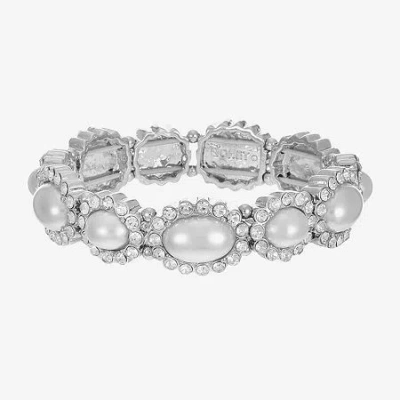 Monet Jewelry Timeless Silver Tone Halo Womens Glass Simulated Pearl Oval Stretch Bracelet In White