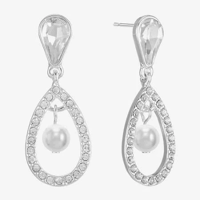 Monet Jewelry Timeless Silver Tone Orbital Womens Glass Simulated Pearl Hypoallergenic Drop Earrings In White