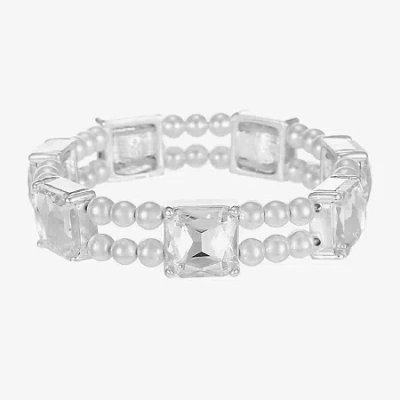 Monet Jewelry Timeless Silver Tone Womens Glass Simulated Pearl Cushion Stretch Bracelet In White