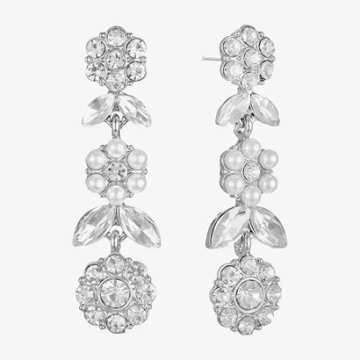 Monet Jewelry Timeless Silver Tone Womens Glass Simulated Pearl Flower Hypoallergenic Drop Earrings In White