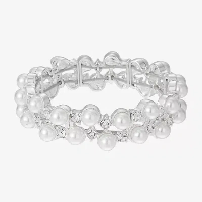 Monet Jewelry Timeless Silver Tone Womens Glass Simulated Pearl Round Stretch Bracelet In White