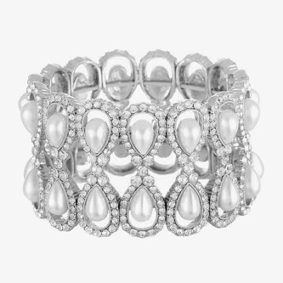 Monet Jewelry Timeless Womens Glass Simulated Pearl Stretch Bracelet In Silver