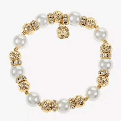 Monet Jewelry Womens Glass Simulated Pearl Round Stretch Bracelet In Gold
