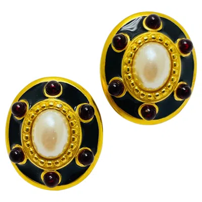 Pre-owned Monet Signed Gold Enamel Pearl Red Cabs Designer Clip On Earrings