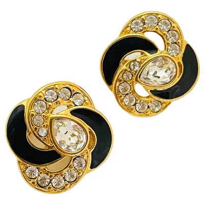 Pre-owned Monet Signed Gold Rhinestones Enamel Designer Runway Clip On Earrings In Multi