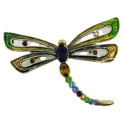 Pre-owned Monet Signed Gold Tone Crystals Enamel Dragonfly Designer Brooch In Multi