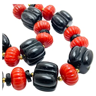 Pre-owned Monet Signed Vintage Faux Coral Onyx Beaded Massive Designer Runway Necklace In Red